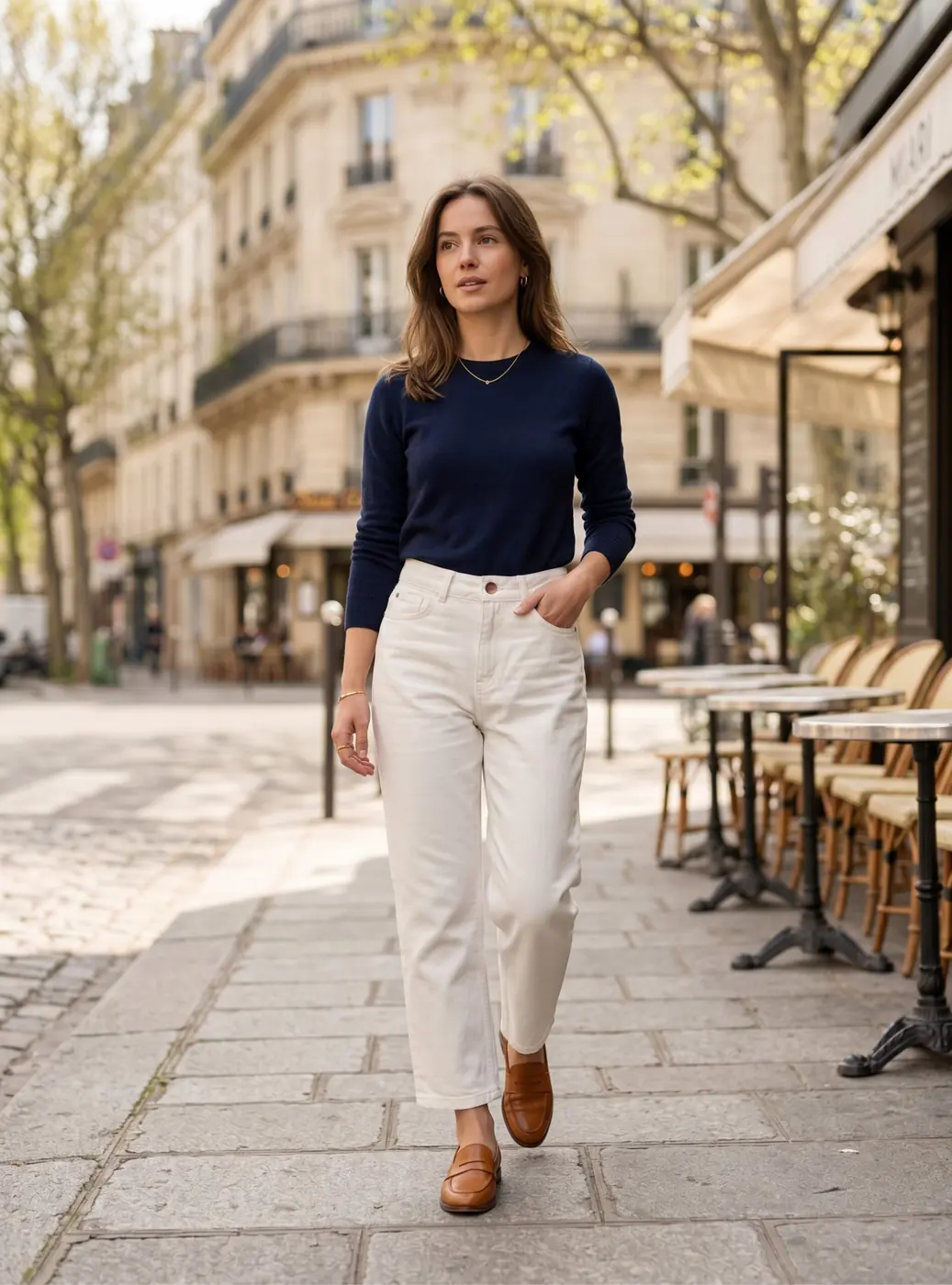Petite Straight Ankle Jeans – Off-white (Cloud Dancer), gedragen door een model van 158 cm in maat XS-30